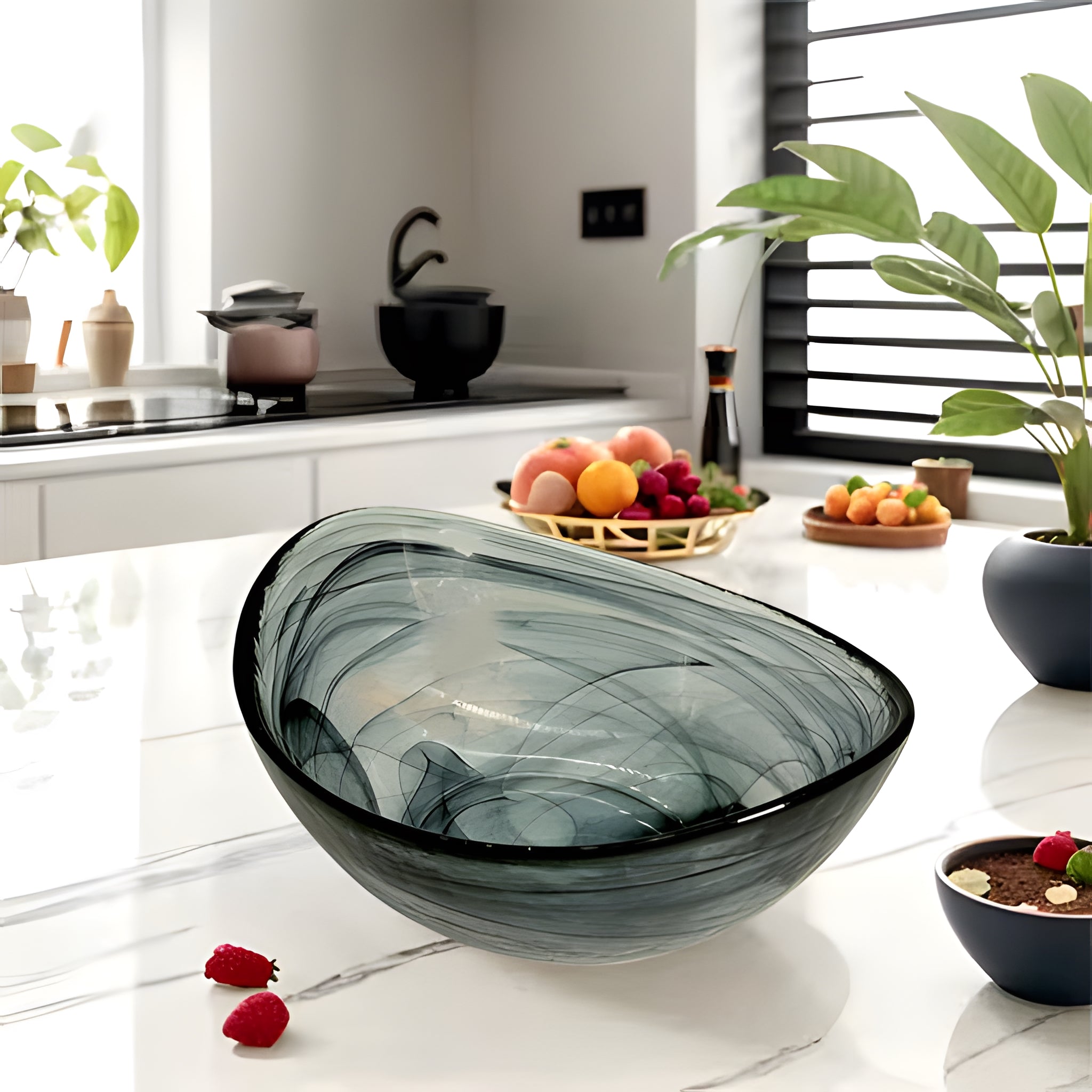 HK 1112 LEMON TREE Handmade Glass Bowls - 7.25" Black Oval Big Snack Bowl with Alabaster Finish