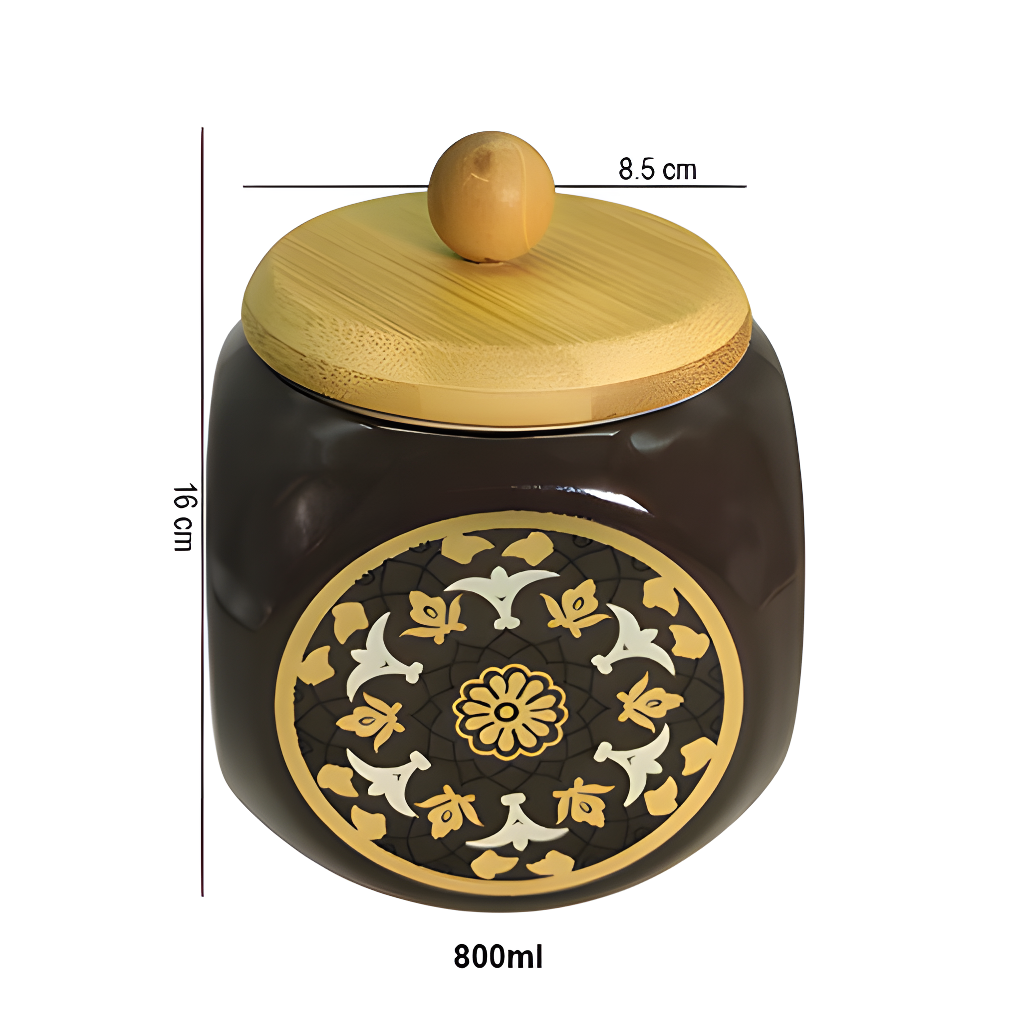 Lemon Tree 1000ml Brown Ceramic Storage Jar with Wooden Airtight Lid | Elegant Flower Print Kitchen Container for Spices, Snacks & Dry Fruits