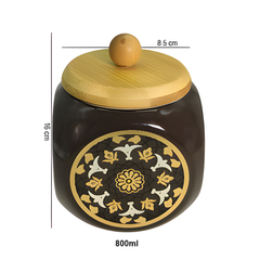 Lemon Tree 1000ml Brown Ceramic Storage Jar with Wooden Airtight Lid | Elegant Flower Print Kitchen Container for Spices, Snacks & Dry Fruits