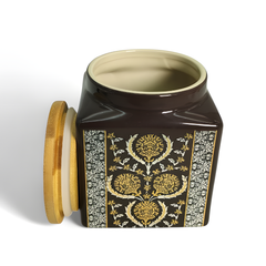 Lemon Tree Brown Ceramic Storage Jar – 1000ml | Airtight Wooden Lid Kitchen Container for Snacks, Tea, Sugar & Dry Fruits