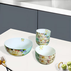 Pastel Floral Porcelain Dessert Set with Gold Trim (7-Piece)