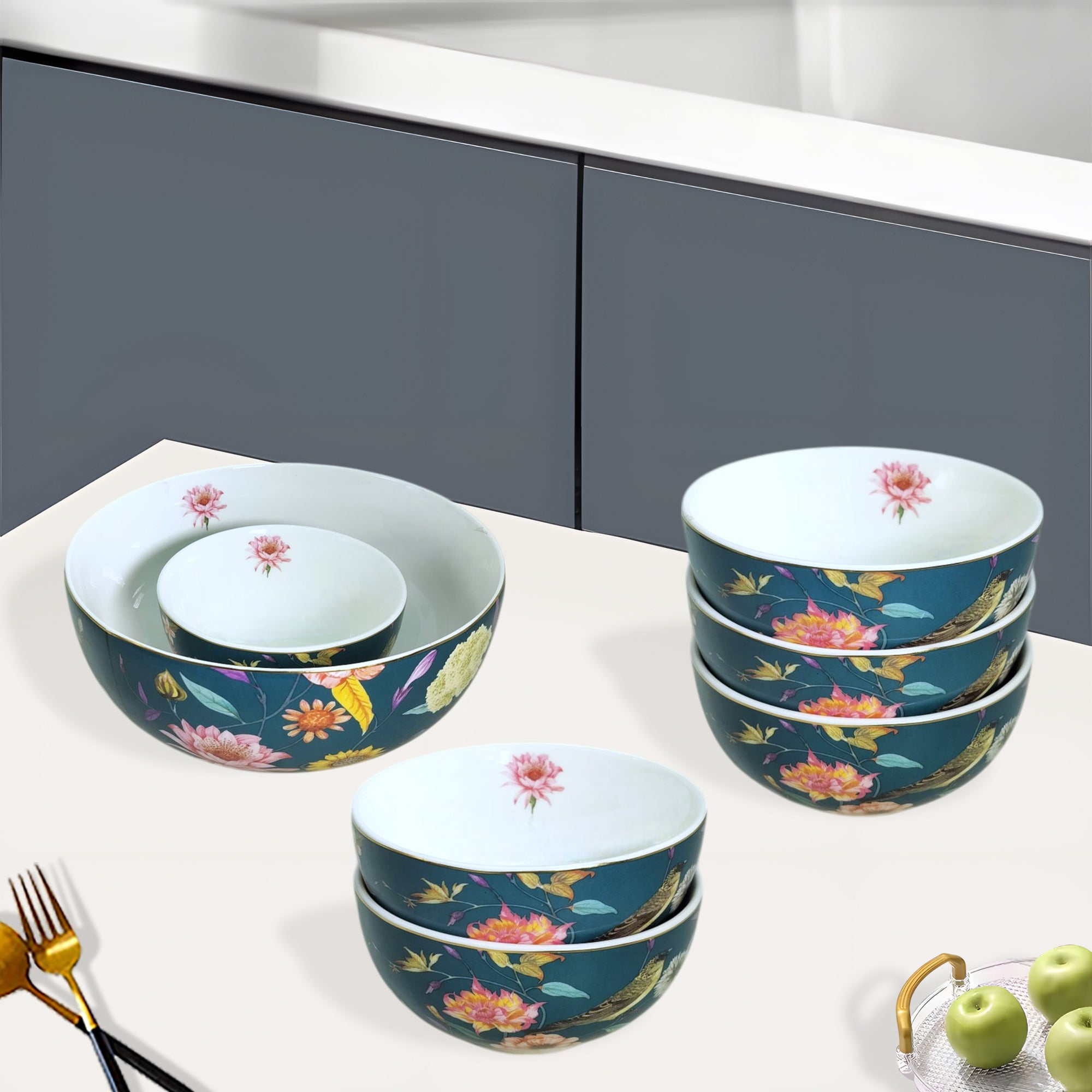 Teal & Vibrant Floral Porcelain Dessert Set  (7-Piece)