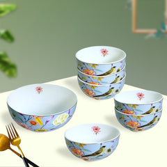 Sky Blue Bird & Blossom Porcelain Dessert Set with Gold Rims (7-Piece)