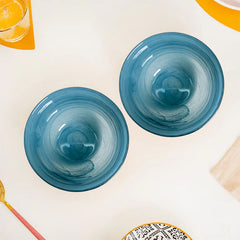 HK 1107-2 LEMON TREE Handmade Glass Bowls - 4" Blue Snack Bowl/Dinner Bowl Set (2 pcs) with Alabaster Finish