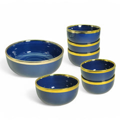 Luxurious Blue & Gold 7-Piece Ceramic Dessert & Pudding Bowl Set | Elegant Gift Box Packaging