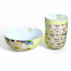 Luxury Beige Ceramic Dessert & Pudding Set | Floral Print | 7-Piece Gift Box Edition