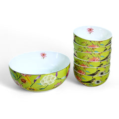 Lime Green & Vibrant Floral Porcelain Dessert Set (7-Piece)