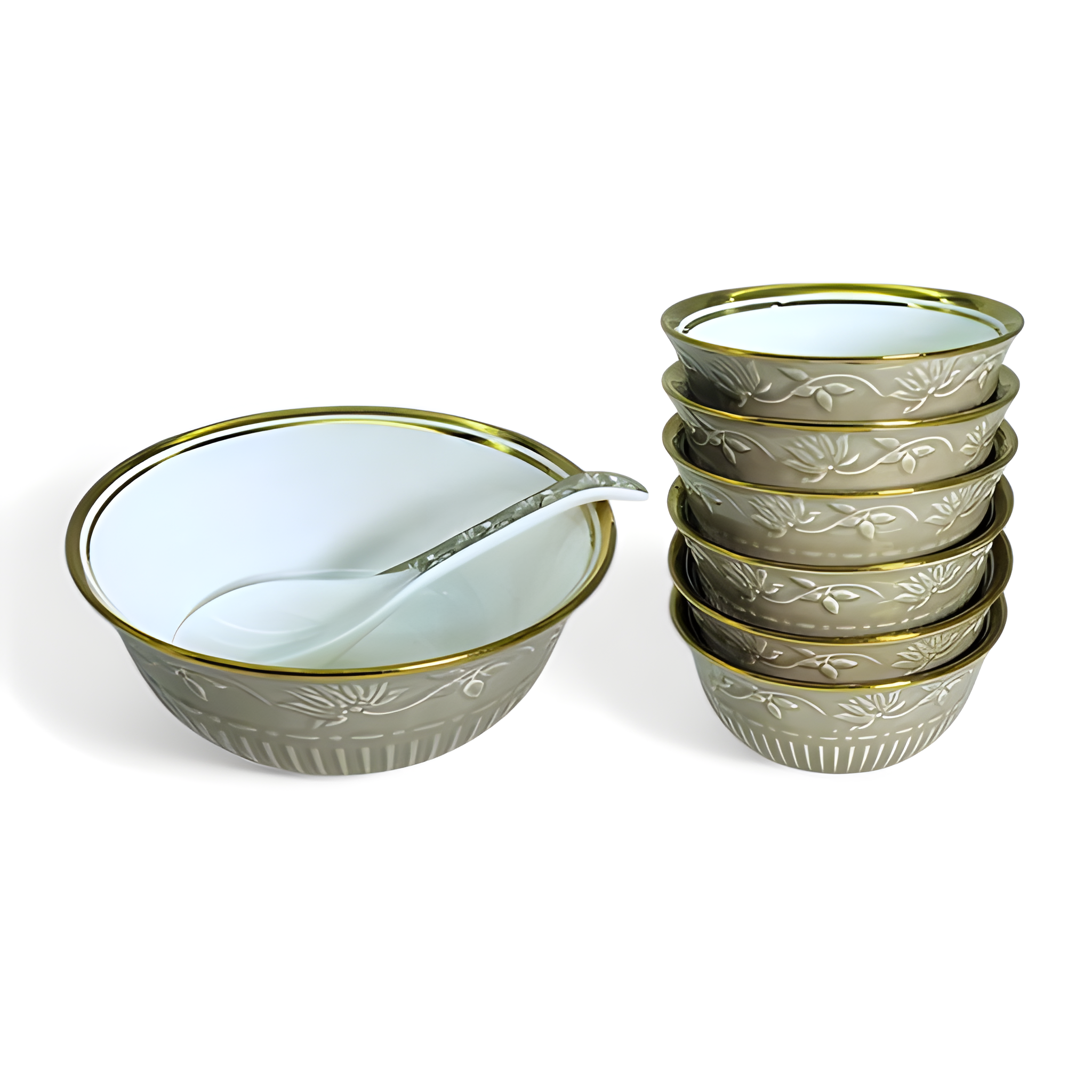 Elegant Grey & Gold 8-Piece Embossed Ceramic Dessert & Pudding Set | Includes Serving Spoon | Premium Gift Box
