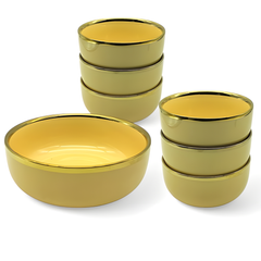 Elegant Beige & Gold 7-Piece Ceramic Dessert & Pudding Bowl Set | Premium Gift Box Packaging