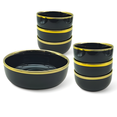 Luxury Black & Gold 7-Piece Ceramic Dessert & Pudding Bowl Set | Elegant Gift Box Packaging