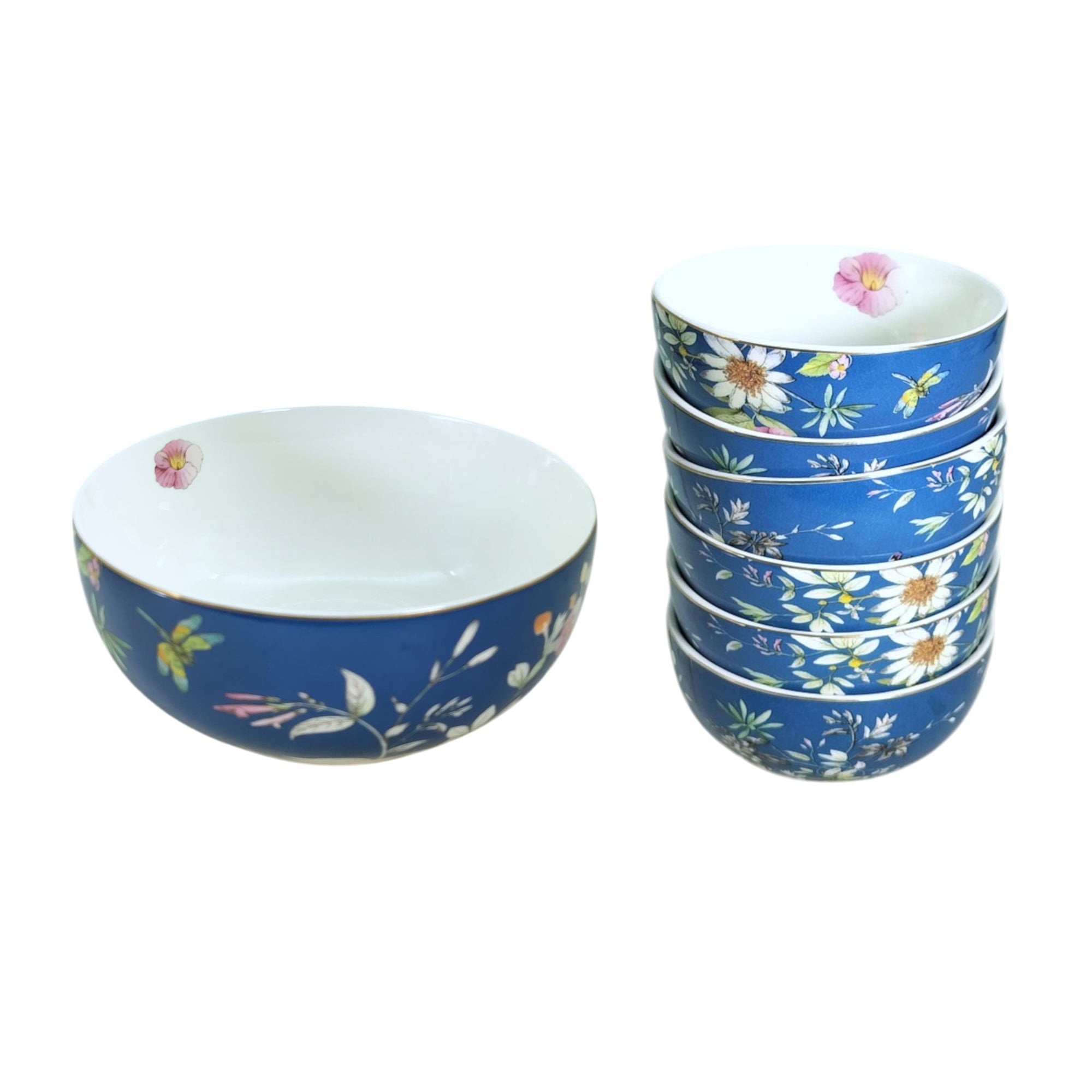 Royal Blue & White Floral Porcelain Dessert Set  (7-Piece)