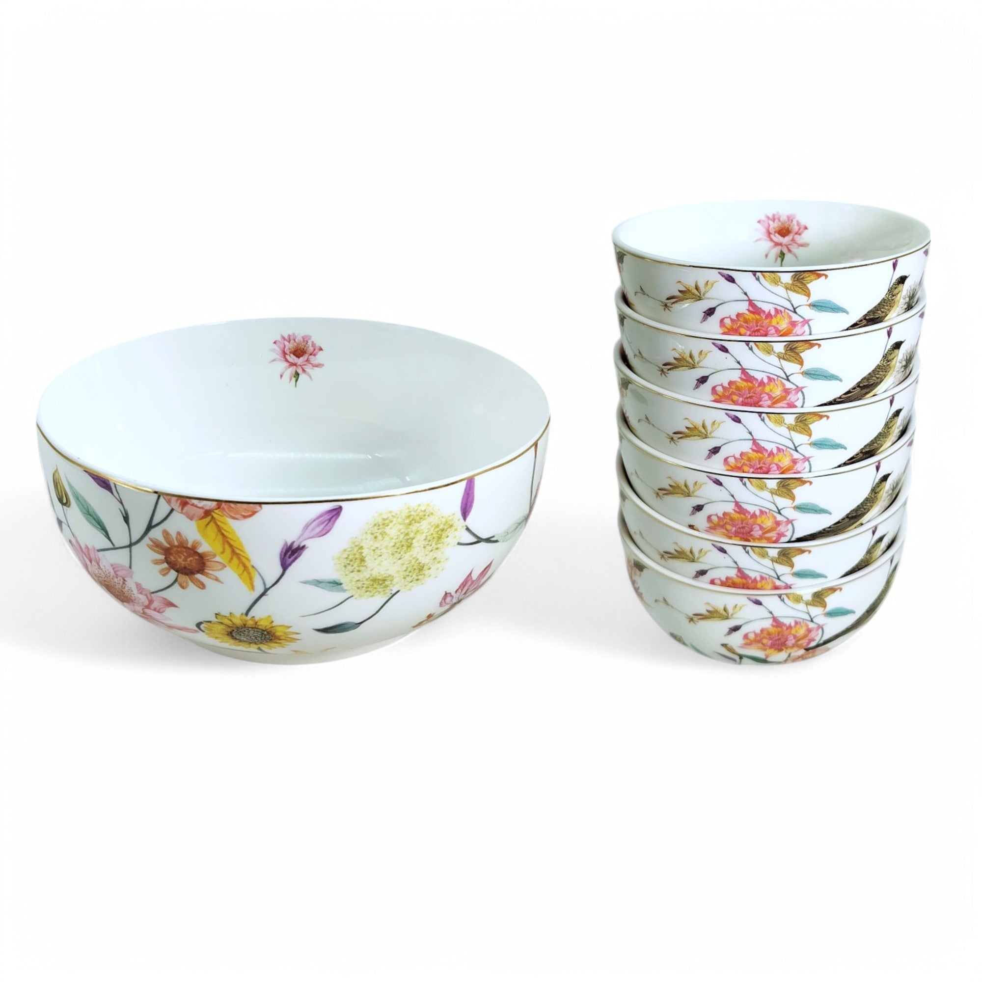 White & Multi-Color Floral Porcelain Dessert Set (7-Piece)