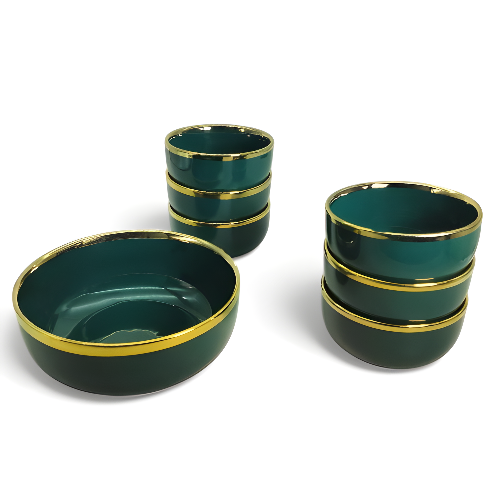 Elegant Green Glossy 7-Piece Ceramic Dessert & Pudding Set with Gold Lining | Premium Gift Box Packing
