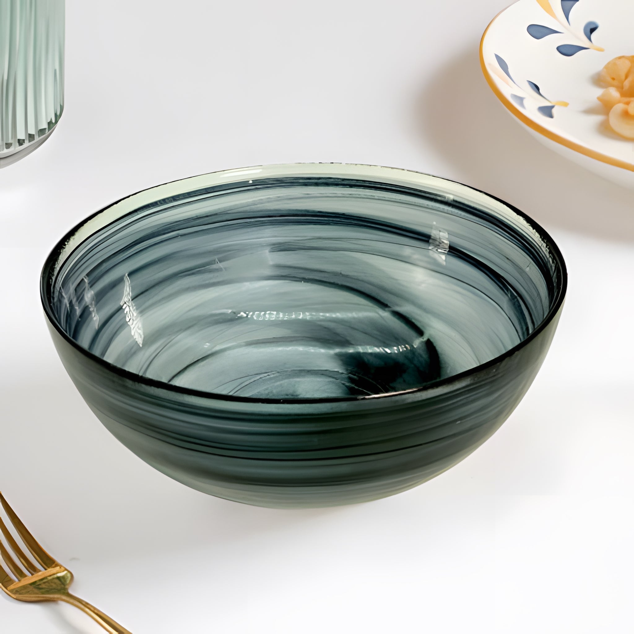 HK 1114 LEMON TREE Handmade Glass Bowls - 7" Black Round Big Snack Bowl with Alabaster Finish
