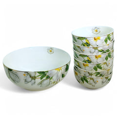 White Floral Print 7-Piece Fine Porcelain Dessert & Pudding Set | Gold Lining | Elegant Gift Box
