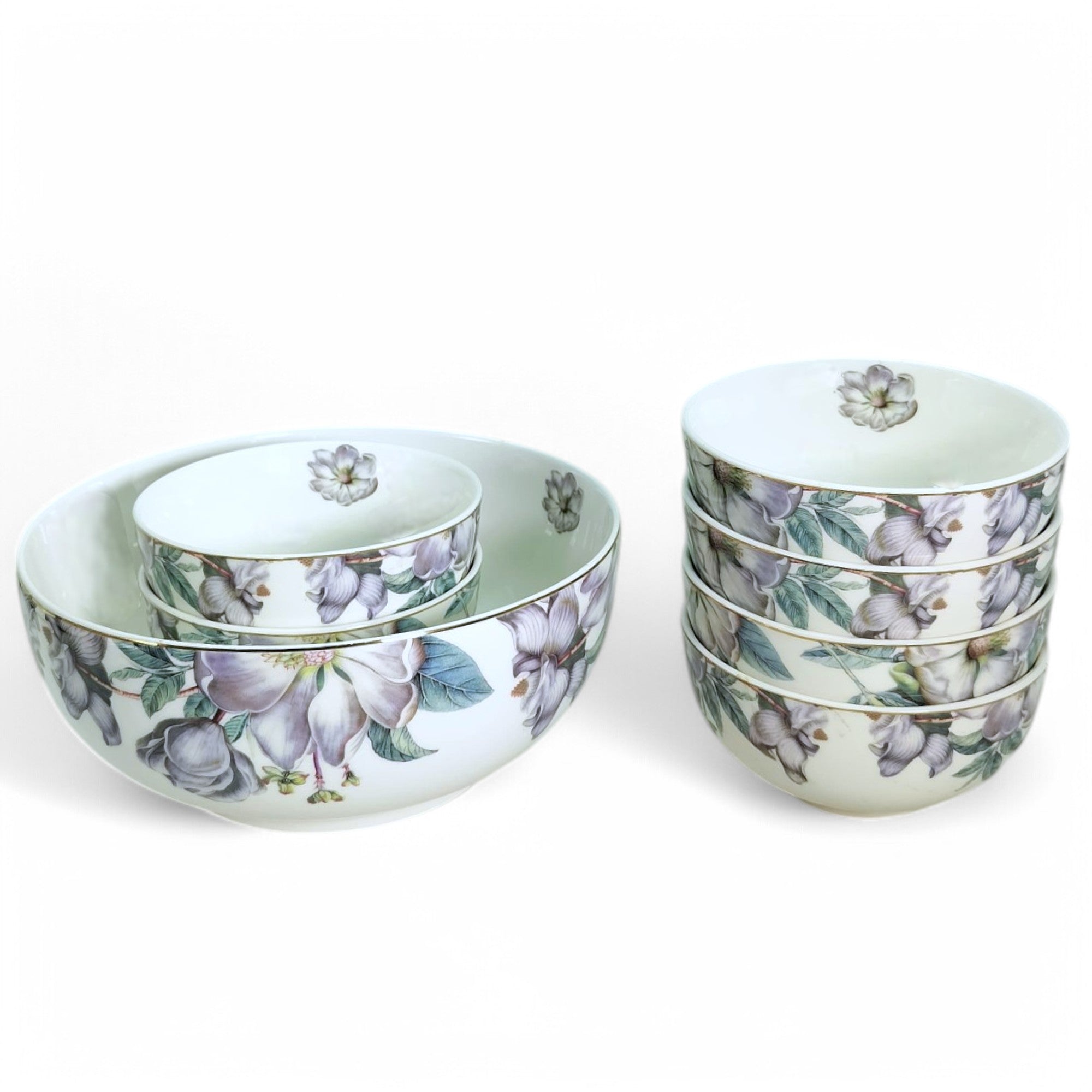 Elegant Multicolor Floral Ceramic Dessert Set | 7-Piece Porcelain Pudding & Serving Bowl Collection with Gold Detailing