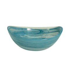 HK 1111 LEMON TREE Handmade Glass Bowls - 7.25" Blue Oval Big Snack Bowl with Alabaster Finish