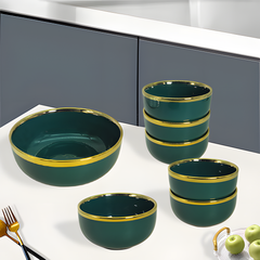 Elegant Green Glossy 7-Piece Ceramic Dessert & Pudding Set with Gold Lining | Premium Gift Box Packing