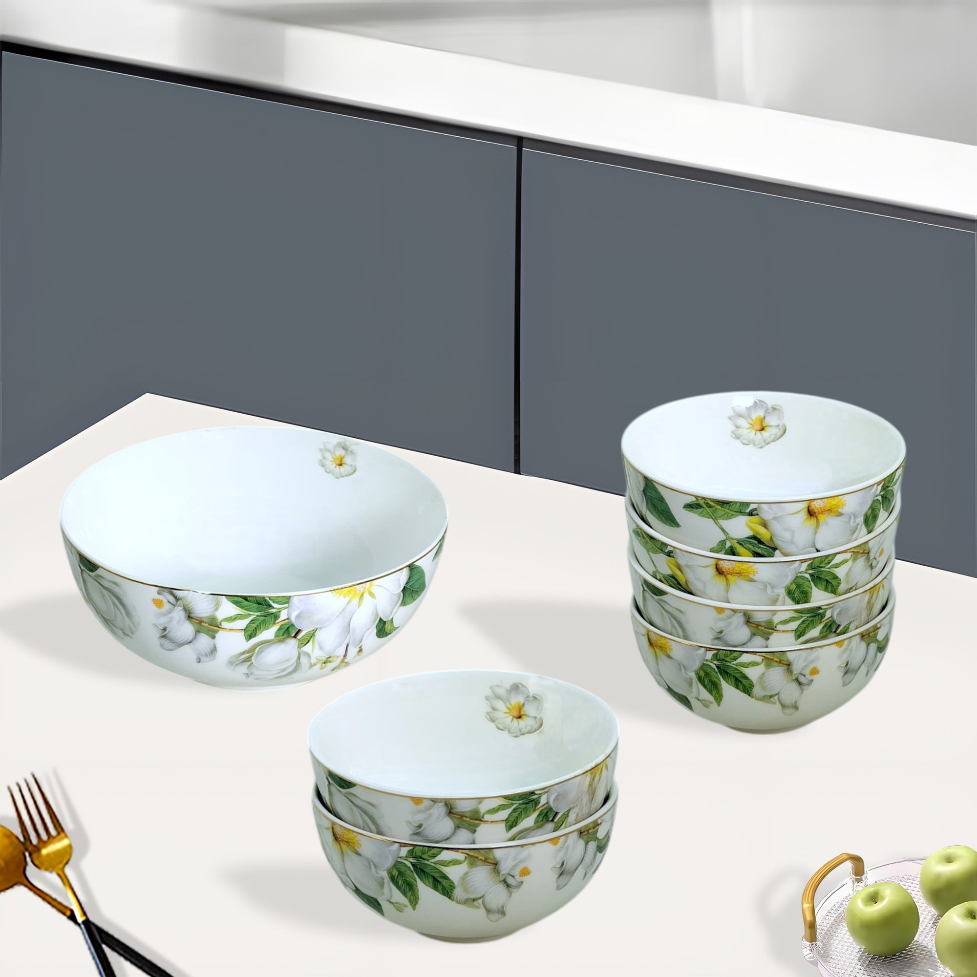 White Floral Print 7-Piece Fine Porcelain Dessert & Pudding Set | Gold Lining | Elegant Gift Box
