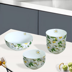 White Floral Print 7-Piece Fine Porcelain Dessert & Pudding Set | Gold Lining | Elegant Gift Box