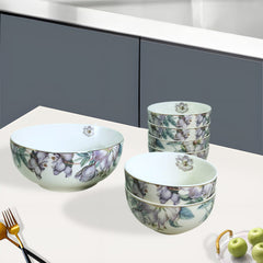 Elegant Multicolor Floral Ceramic Dessert Set | 7-Piece Porcelain Pudding & Serving Bowl Collection with Gold Detailing