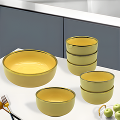 Elegant Beige & Gold 7-Piece Ceramic Dessert & Pudding Bowl Set | Premium Gift Box Packaging