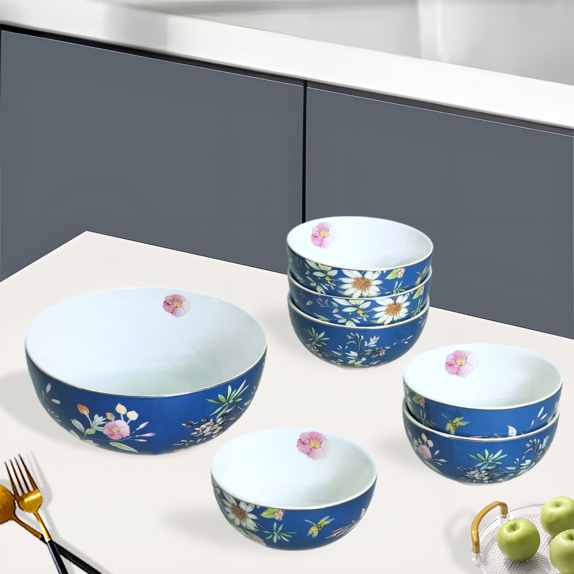 Royal Blue & White Floral Porcelain Dessert Set  (7-Piece)