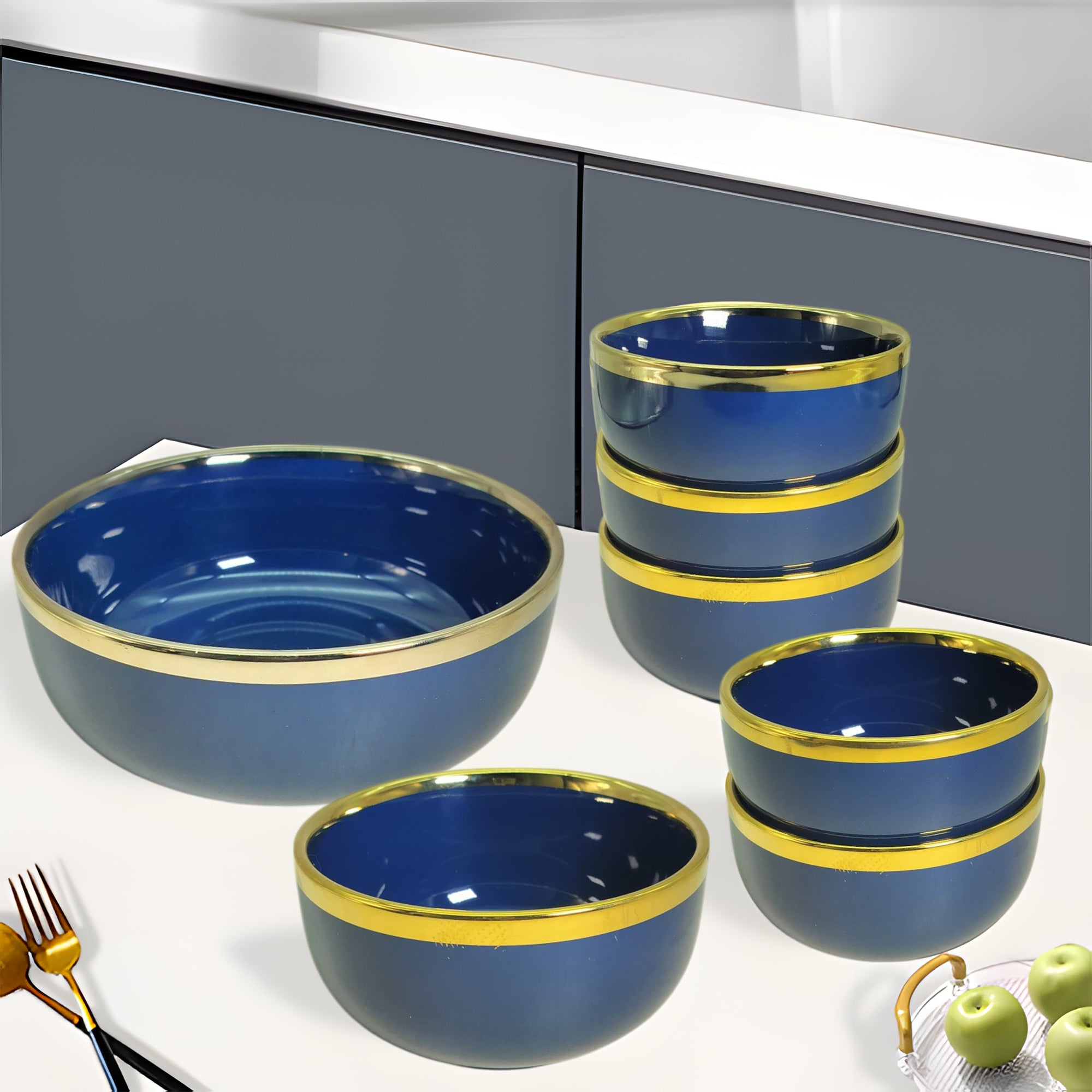 Luxurious Blue & Gold 7-Piece Ceramic Dessert & Pudding Bowl Set | Elegant Gift Box Packaging
