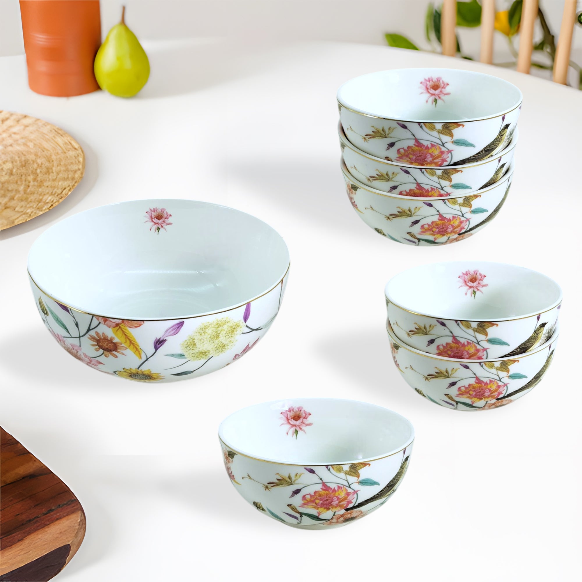White & Multi-Color Floral Porcelain Dessert Set (7-Piece)