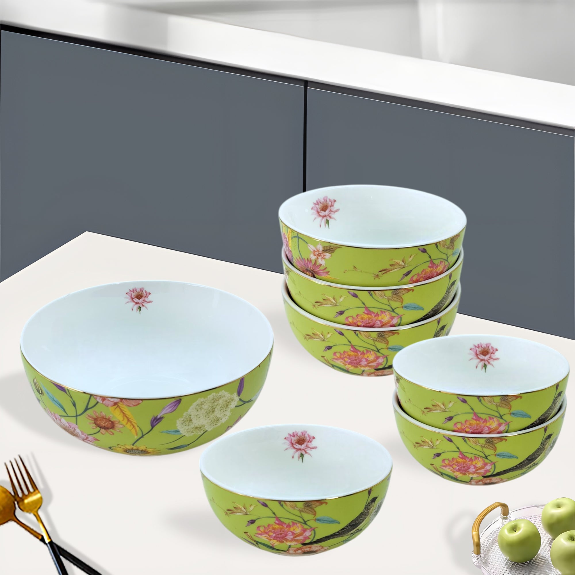 Lime Green & Vibrant Floral Porcelain Dessert Set (7-Piece)