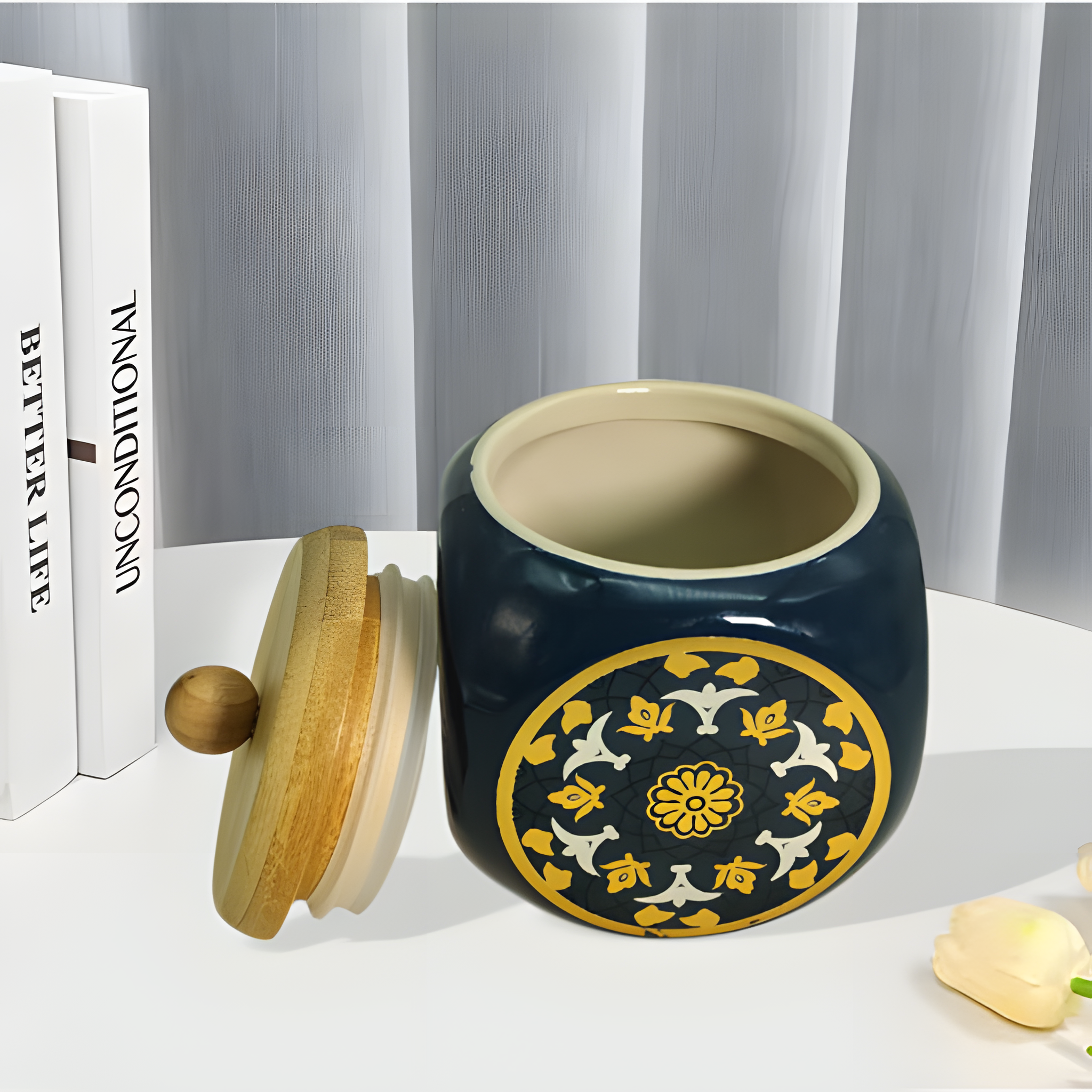 Lemon Tree 1000ml Ceramic Storage Jar with Wooden Airtight Lid | Elegant Blue Floral Kitchen Container for Snacks, Sugar & Dry Fruits