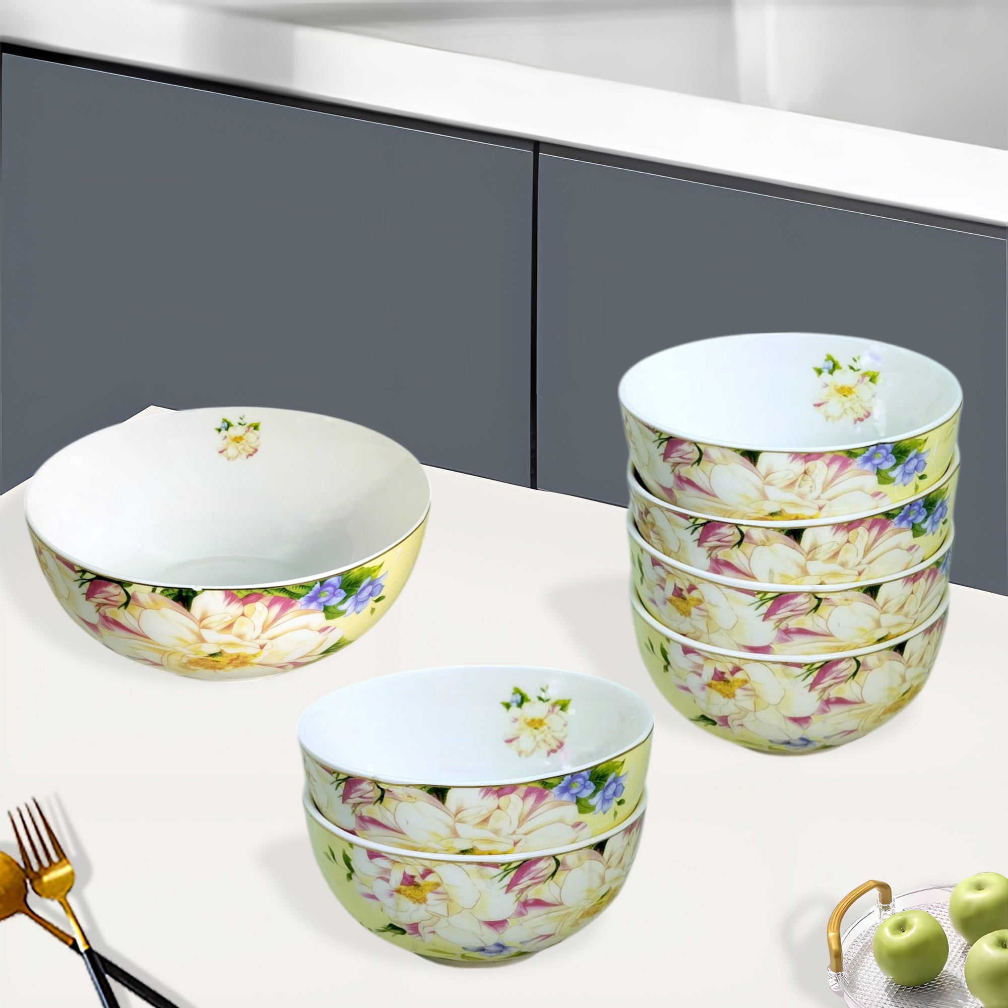 Luxury Beige Ceramic Dessert & Pudding Set | Floral Print | 7-Piece Gift Box Edition