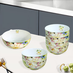 Luxury Beige Ceramic Dessert & Pudding Set | Floral Print | 7-Piece Gift Box Edition