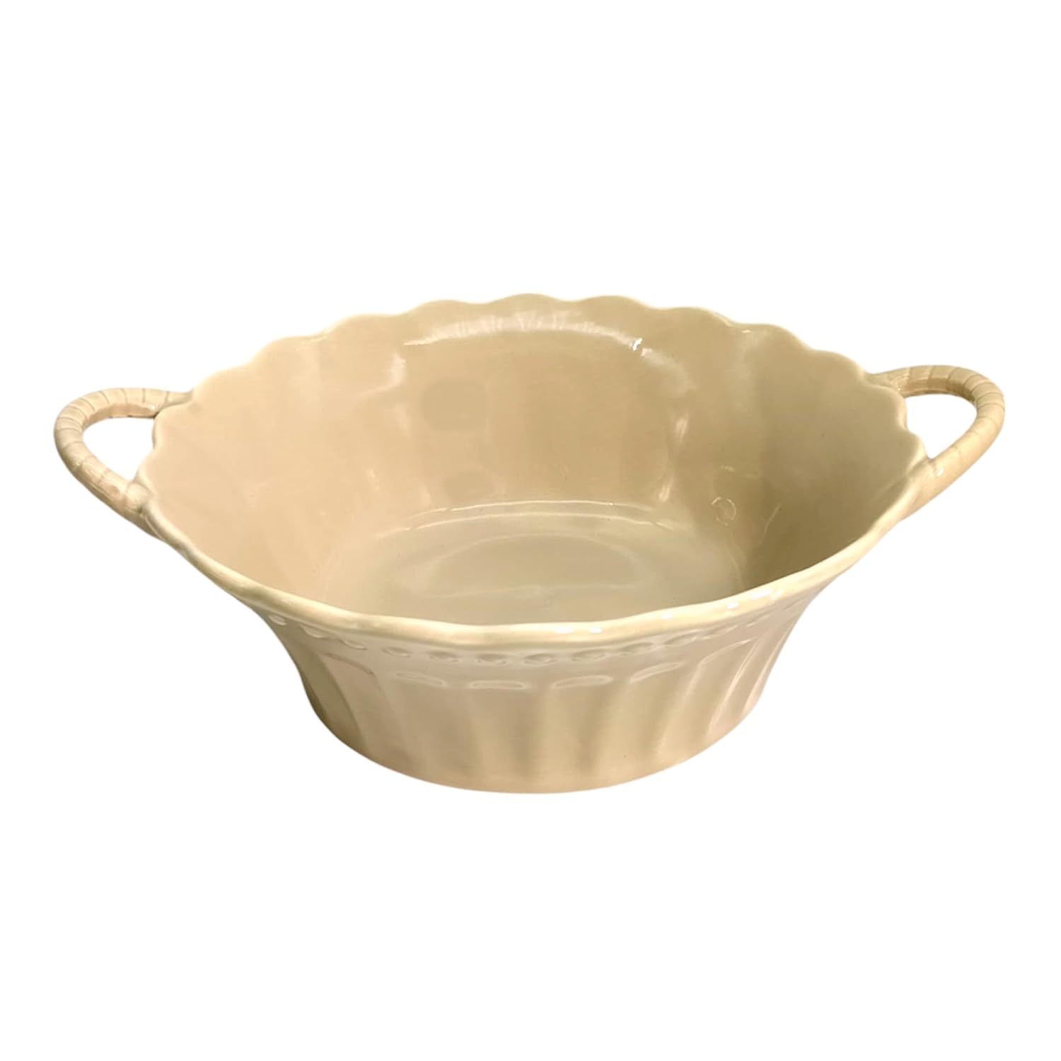 Lemon Tree Beige Round Deep Ceramic Bowl with Double Handles – Stylish Serveware for Pasta, Snacks & Desserts