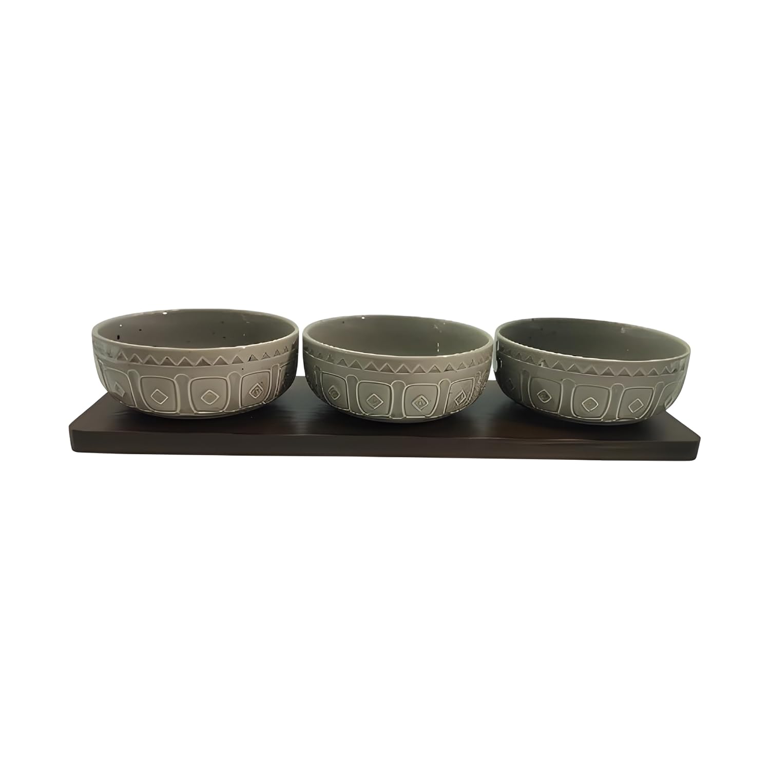 Elegant Grey Ceramic 3-Bowl Set with Bamboo Base – Stylish Serving Tray for Snacks, Dips & More
