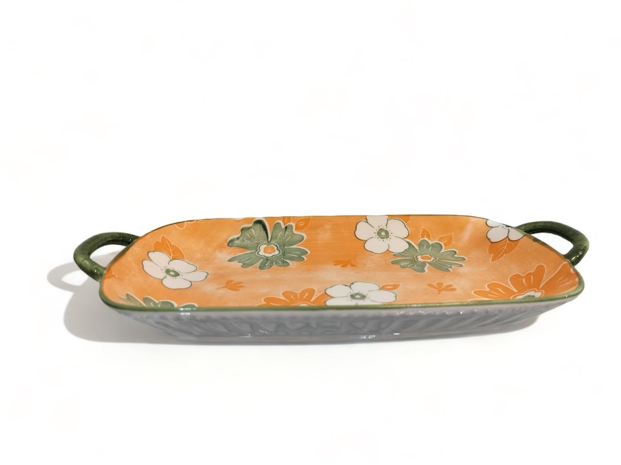 Lemon Tree Orange Ceramic Deep Dish Platter | Stylish Rectangular Serving Platter with Handles | Elegant Snack & Dessert Plate
