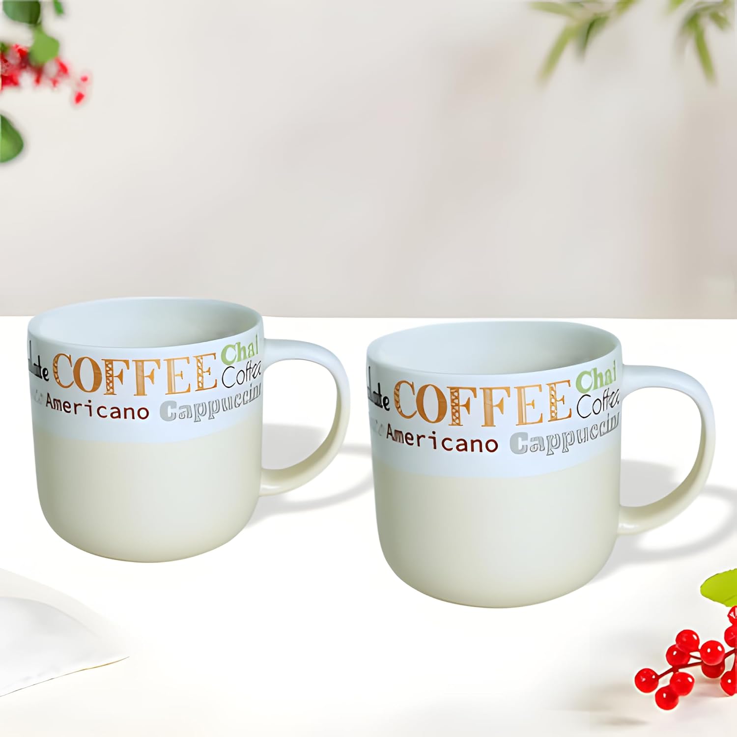 Lemon Tree Beige 2-Piece Ceramic Coffee Mug Set – Elegant Matte Glaze Porcelain with Unique Prints