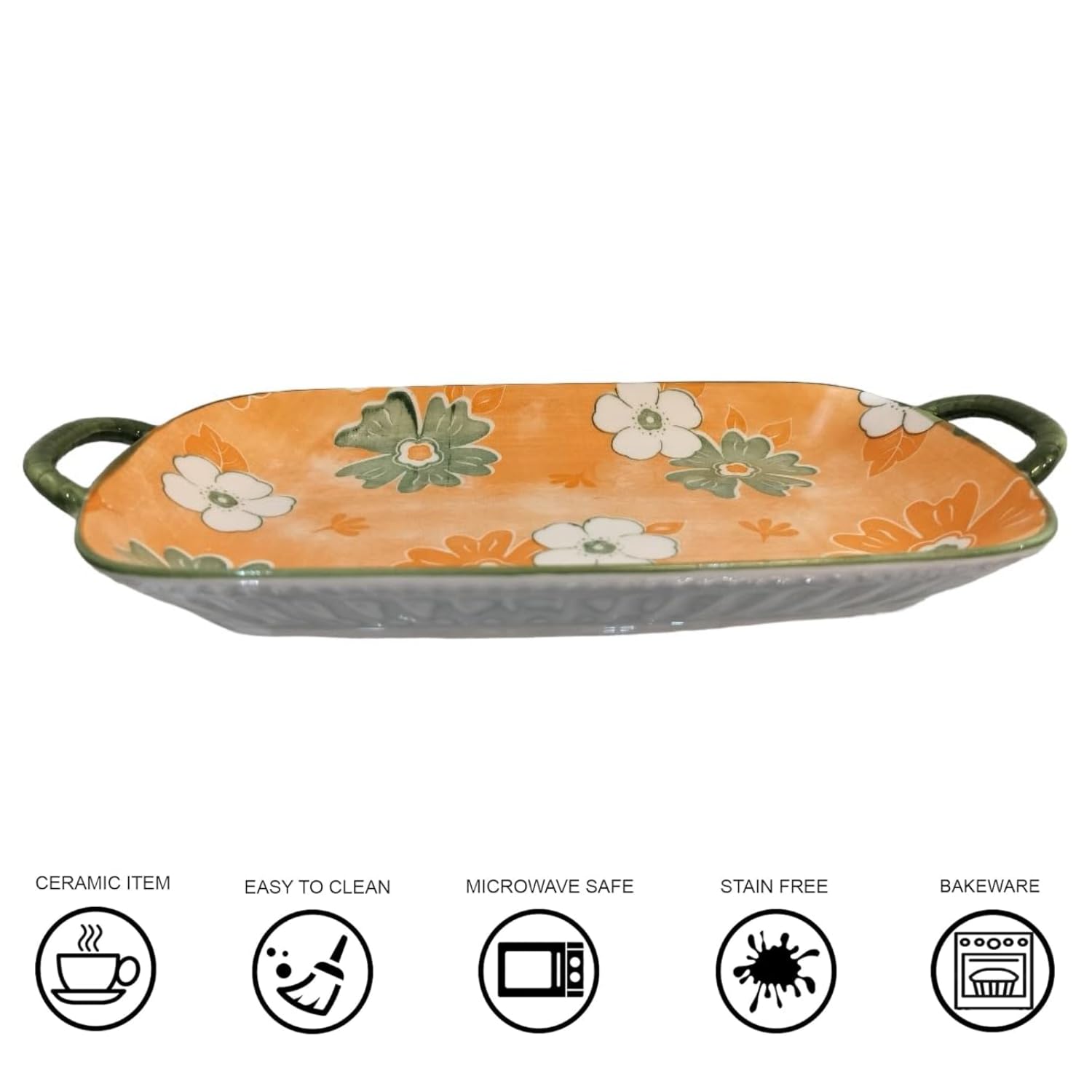 Lemon Tree Orange Ceramic Deep Dish Platter | Stylish Rectangular Serving Platter with Handles | Elegant Snack & Dessert Plate