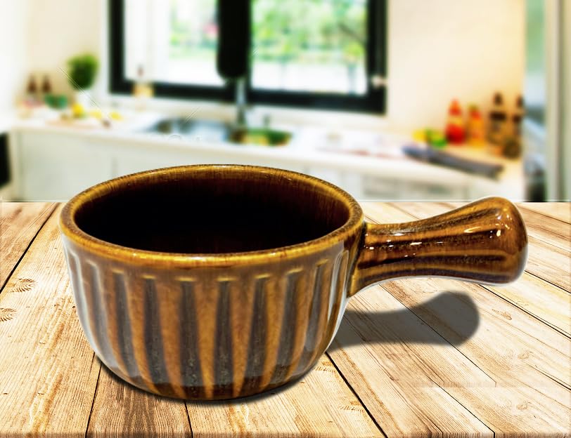 Lemon Tree Light Brown Ceramic Bowl with Handle | 600ml Deep Stoneware Bowl for Soup, Snacks & Salads | Microwave & Dishwasher Safe