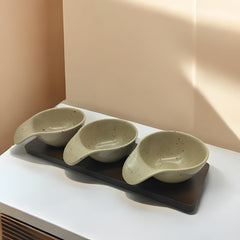 Lemon Tree Beige – Elegant 3-Bowl Ceramic Serving Set with Bamboo Base Tray for Snacks, Dips & Condiments