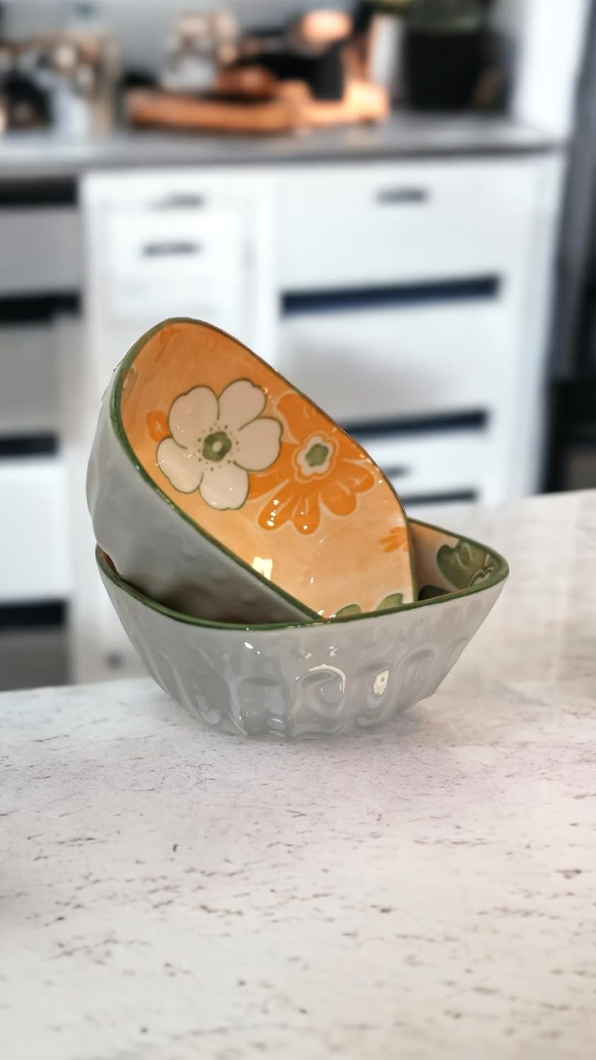 Lemon Tree Orange Ceramic Bowl Set – 2 Pc Small Square Serving Bowls for Dips, Nuts & Desserts – Microwave & Dishwasher Safe