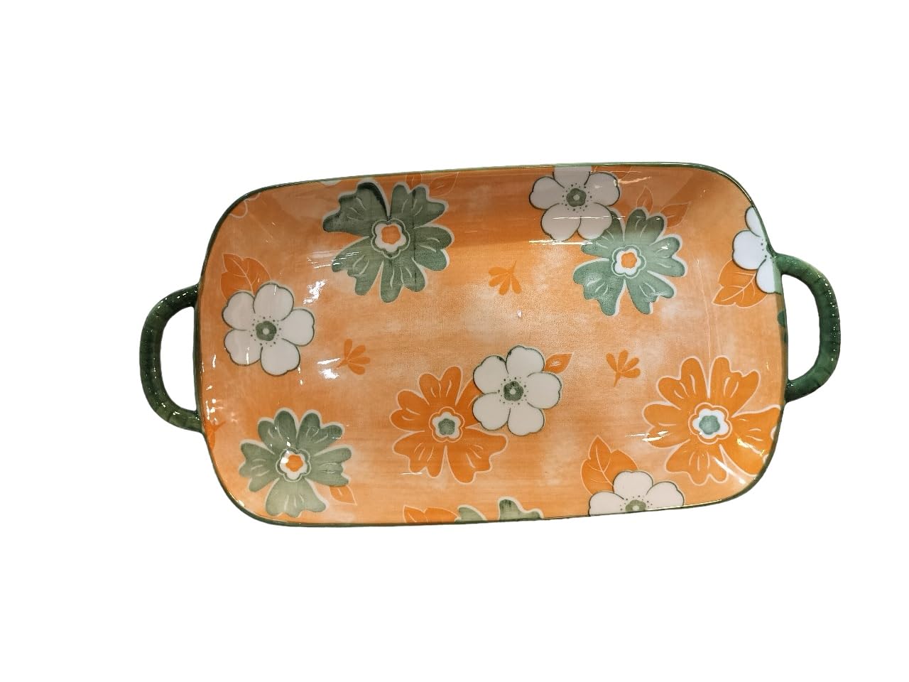 Lemon Tree Orange Ceramic Deep Dish Platter | Stylish Rectangular Serving Platter with Handles | Elegant Snack & Dessert Plate