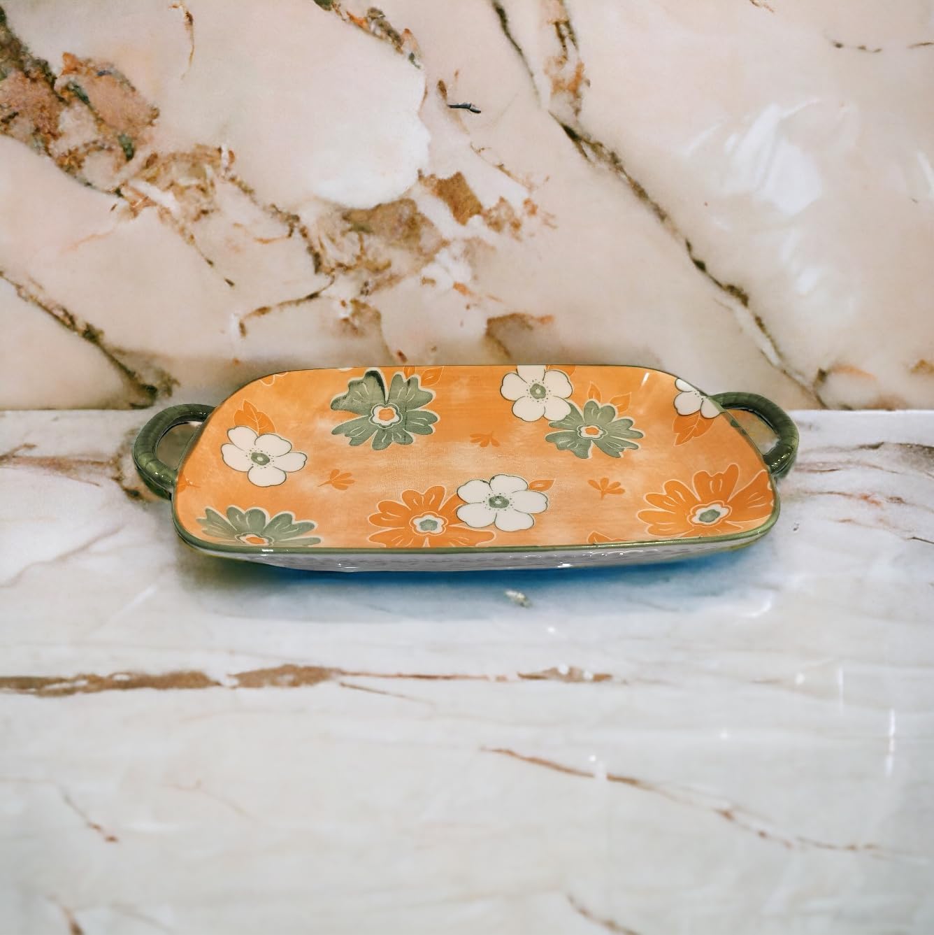 Lemon Tree Orange Ceramic Deep Dish Platter | Stylish Rectangular Serving Platter with Handles | Elegant Snack & Dessert Plate