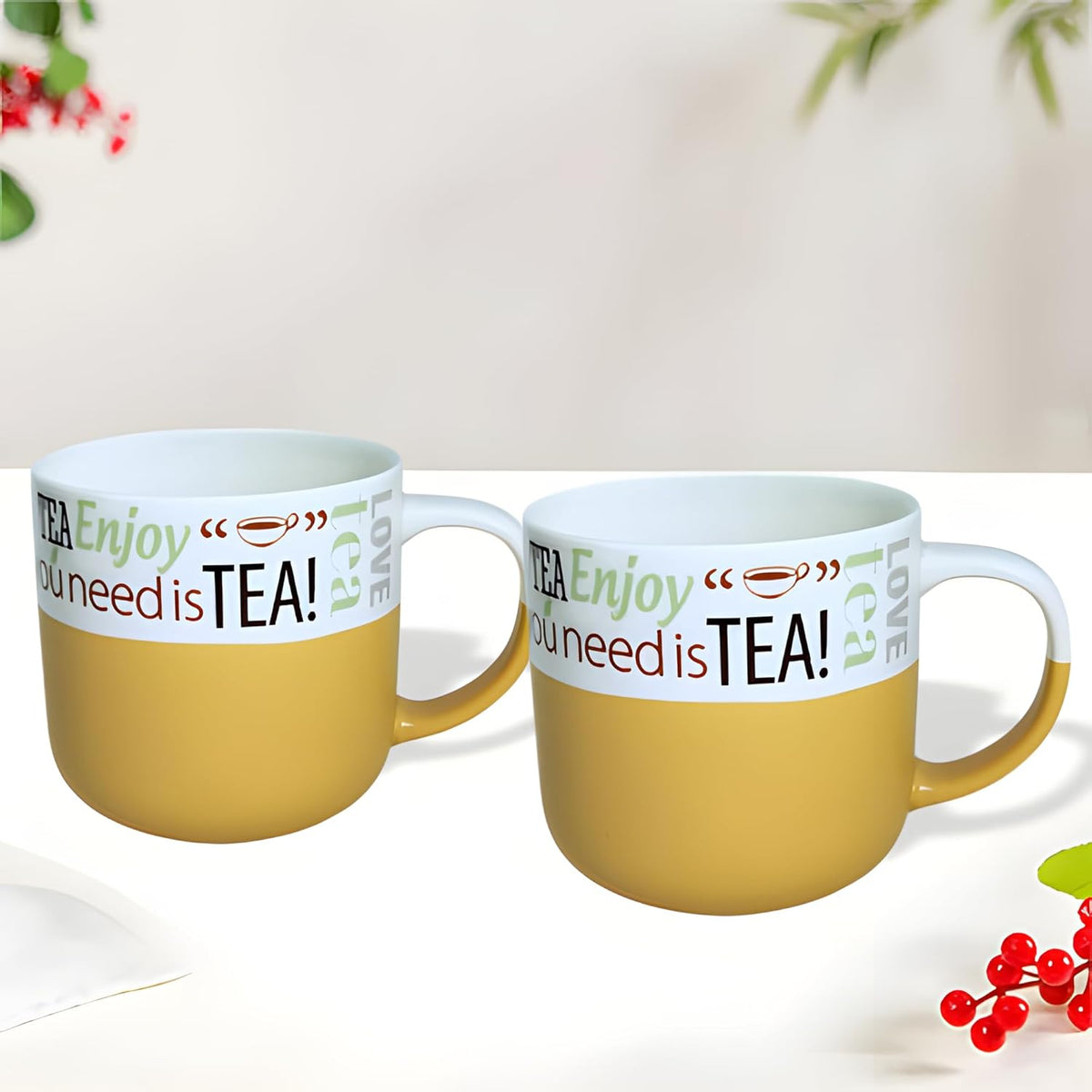 Lemon Tree Mustard 2-Piece Porcelain Tea Mug Set – Elegant Matte Finish Ceramic Cups for Everyday Use