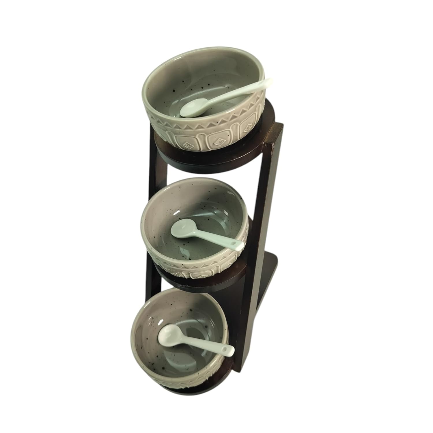 Lemon Tree Grey – Elegant 3-Bowl Ceramic Serving Set with Bamboo Stand & Spoons for Snacks, Dips & Condiments