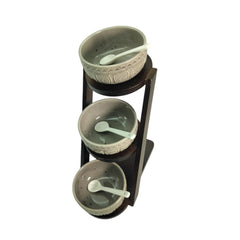 Lemon Tree Grey – Elegant 3-Bowl Ceramic Serving Set with Bamboo Stand & Spoons for Snacks, Dips & Condiments