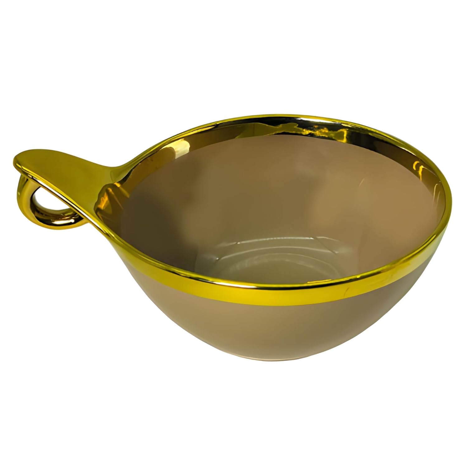 Luxury Brown Ceramic Deep Serving Bowl – 18cm Snack & Salad Dish with Gold Rim & Hook Handle