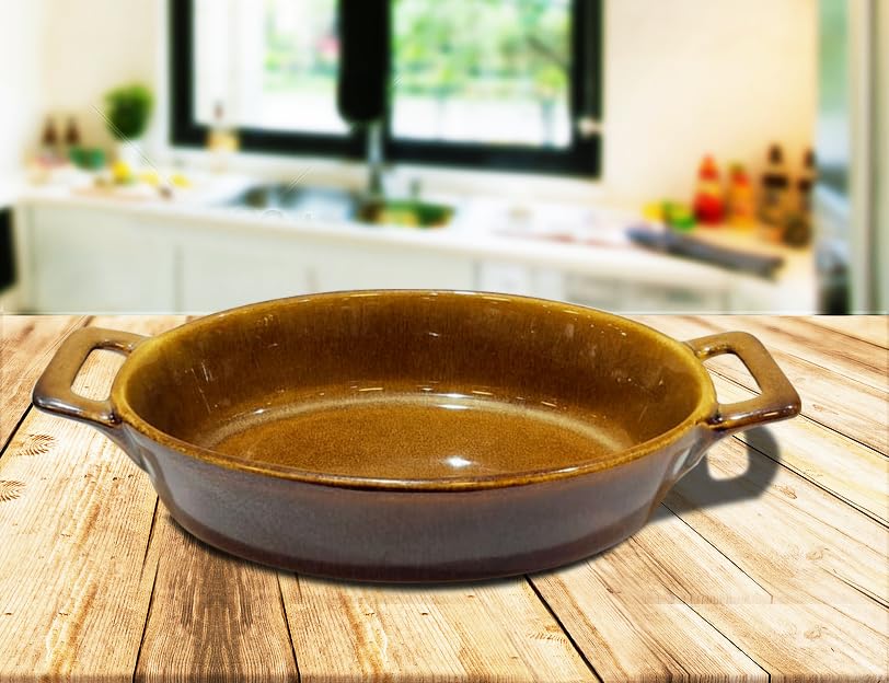 Lemon Tree Brown Oval Stoneware Serving Bowl with Handle | 400ml Ceramic Dish for Snacks & Starters | Microwave & Dishwasher Safe