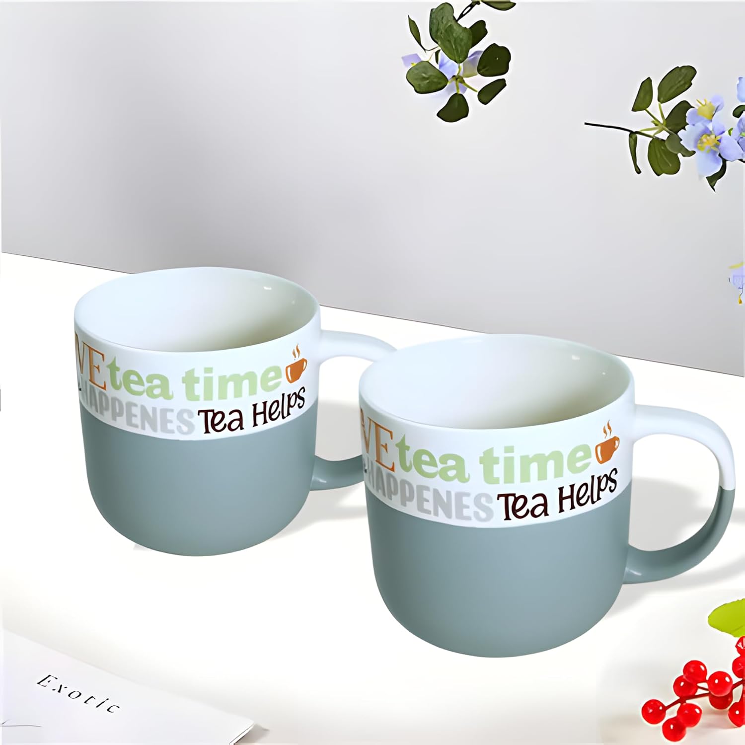 Lemon Tree Light Blue 2-Piece Tea Mug Set – Premium Porcelain with Matte Finish