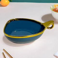 Stylish Blue Triangular Ceramic Deep Serving Bowl – 19cm Dish with Gold Rim & Hook Handle